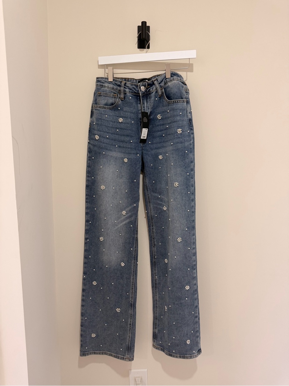 Fashion Nova Blue Wide-Leg Jeans with Pearl & Floral Accents